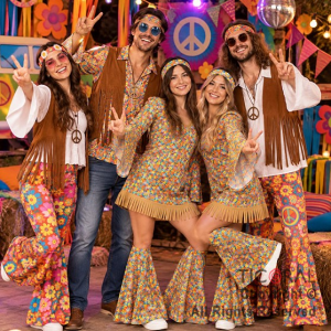 DISFRAZ HIPPIE MUJER VESTIDO Y POLAINAS ADULTO TALLE UNICO