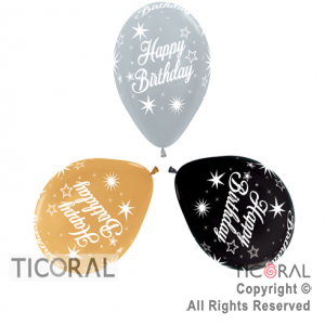 GLOBO SEMPERTEX R12 INF SATIN Y METAL FELIZ CUMPLEA�OS DESTELLOS SURTIDO DELUXE TINTA BLANCA x 50