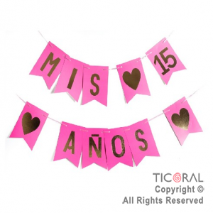 BANDERIN MIS 15 A�OS COLOR ROSA FUCSIA CON STAMPING x 1