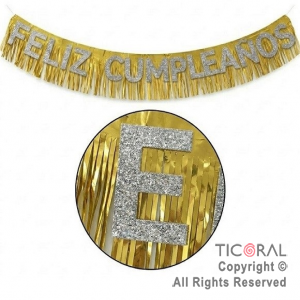 GUIRNALDA BANDERIN FELIZ CUMPLEA�OS CON FLECOS HOLOGRAFICO ORO X 2 MTS