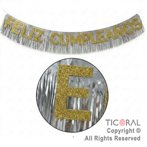 GUIRNALDA BANDERIN FELIZ CUMPLEA�OS CON FLECOS HOLOGRAFICO PLATA X 2 MTS