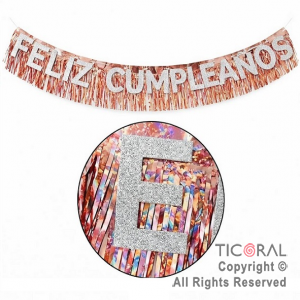 GUIRNALDA BANDERIN FELIZ CUMPLEA�OS CON FLECOS HOLOGRAFICO ROSA GOLD X 2 MTS