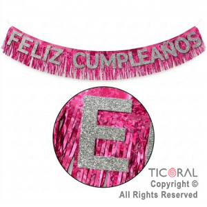 GUIRNALDA BANDERIN FELIZ CUMPLEA�OS CON FLECOS HOLOGRAFICO ROSA X 2 MTS