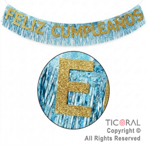 GUIRNALDA BANDERIN FELIZ CUMPLEA�OS CON FLECOS HOLOGRAFICO CELESTE X 2 MTS