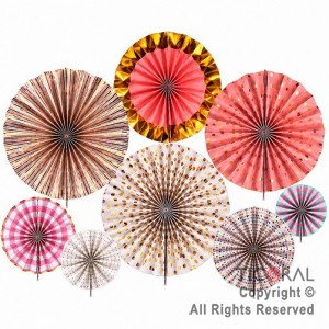ADORNO GUIRNALDA ABANICO ROSETAS CARTULINA DISE�O STAMPING KIT X 8 UNIDADES