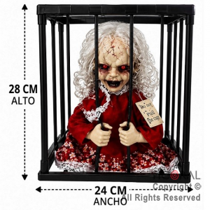 ADORNO COLGANTE MU�ECA EN JAULA CON MOVIMIENTO LUZ Y SONIDO (U2512-367) HALLOWEEN