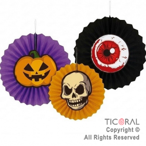 SET HALLOWEEN ROSETAS DE PAPEL CALABAZA, CALAVERA Y OJO X 3 UNIDADES