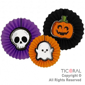 SET HALLOWEEN ROSETAS DE PAPEL CALAVERA FANTASMA Y CALABAZA X 3 UNIDADES