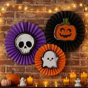 SET HALLOWEEN ROSETAS DE PAPEL CALAVERA FANTASMA Y CALABAZA X 3 UNIDADES