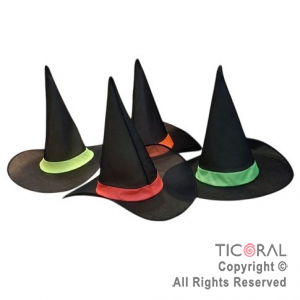 SOMBRERO BRUJA NEGRO CON TIRA FLUO COLORES SURTIDOS x 1