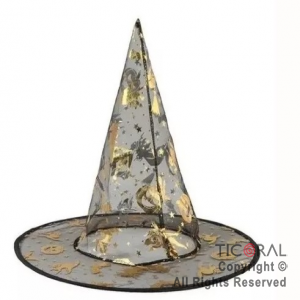 SOMBRERO BRUJA TRANSPARENTE NEGRO Y ORO O PLATA