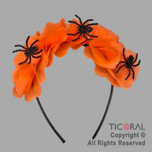 VINCHA FLORES Y ARAAS NARANJA HALLOWEEN x 1