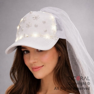 SOMBRERO GORRA NOVIA CON PERLAS FLORES TUL LUMINOSO x 1