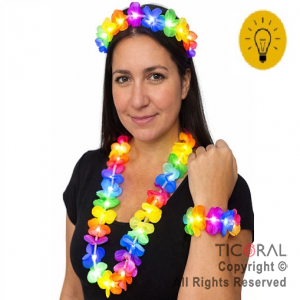 SET HAWAIANO VINCHA PULSERA Y COLLAR CON LUZ FLORES DE TELA MULTICOLOR x 1