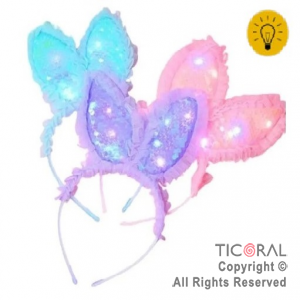 VINCHA OREJAS DE CONEJO LUMINOSA TUL Y LENTEJUELAS COLORES SURTIDOS X 12