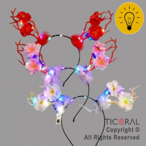 VINCHA CIERVO CON FLORES Y LUZ  X 12 UNIDADES