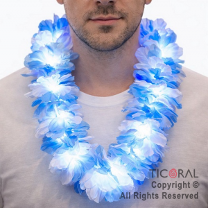 COLLAR HAWAIANO GRANDE LUMINOSO BLANCO Y CELESTE x 1