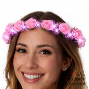 VINCHA CORONA FLORES ROSAS LUMINOSO LED X 10
