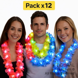 COLLAR HAWAIANO FLOREADO FLUO LUMINOSO PLENOS SURTIDOS X 12