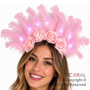 VINCHA LUMINOSA FLORES Y PLUMAS ROSA
