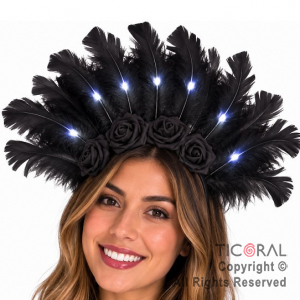 VINCHA LUMINOSA FLORES Y PLUMAS NEGRO