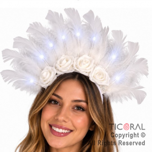 VINCHA LUMINOSA FLORES Y PLUMAS BLANCO