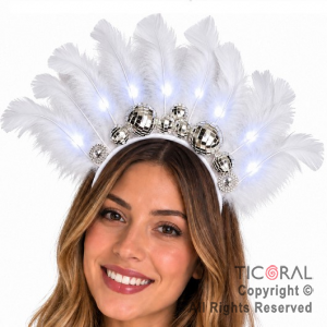 VINCHA DISCO LUMINOSA CON PLUMAS BLANCAS