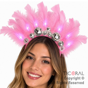 VINCHA DISCO LUMINOSA CON PLUMAS ROSAS