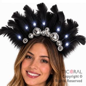 VINCHA DISCO LUMINOSA CON PLUMAS NEGRAS