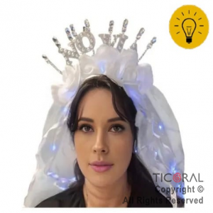 VINCHA NOVIA LUMINOSA PREMIUM FLORES Y VELO BLANCO X 1