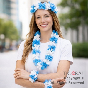 SET HAWAIANO FLORES ARGENTINA VINCHA COLLAR Y 2 PULSERAS CELESTE Y BLANCA