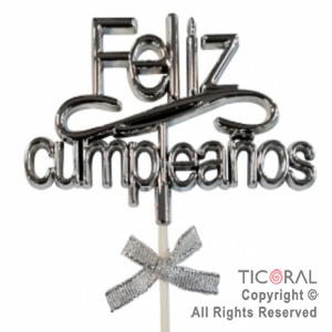 CAKE TOPPER FELIZ CUMPLEA�OS COLOR PLATA CON PINCHE X 1