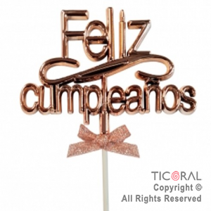 CAKE TOPPER FELIZ CUMPLEA�OS COLOR ROSA GOLD CON PINCHE X 1