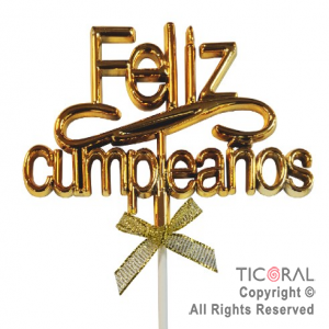 CAKE TOPPER FELIZ CUMPLEA�OS COLOR ORO CON PINCHE X 1