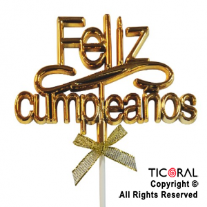 CAKE TOPPER FELIZ CUMPLEAÑOS COLOR ORO CON PINCHE X 1