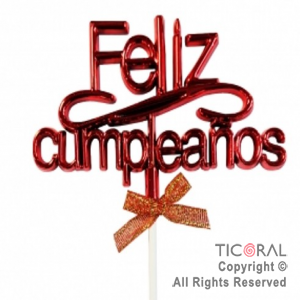 CAKE TOPPER FELIZ CUMPLEA�OS COLOR ROJO CON PINCHE X 1
