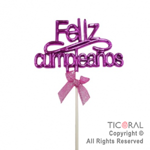 CAKE TOPPER FELIZ CUMPLEA�OS COLOR FUCSIA CON PINCHE X 1