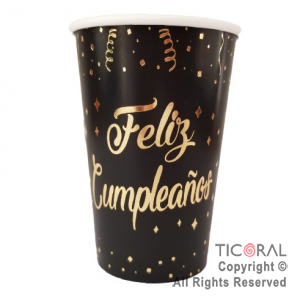 VASO POLIPAPEL 240CC FELIZ CUMPLEA�OS NEGRO CON STAMPING X 8