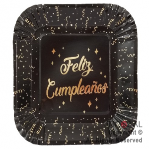 PLATO POLIPAPEL FELIZ CUMPLEA�OS NEGRO CON STAMPING X 8