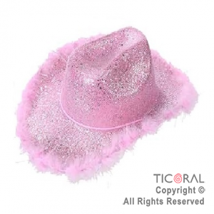 SOMBRERO COWBOY GLITTER Y PLUMAS ROSA x 1