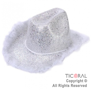 SOMBRERO COWBOY GLITTER Y PLUMAS BLANCO x 1