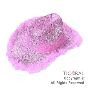 SOMBRERO COWBOY GLITTER Y PLUMAS FUCSIA x 1