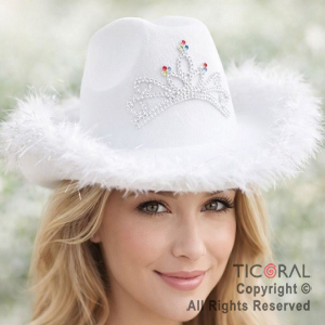 SOMBRERO COWBOY CORONA DECO PLATA Y PLUMAS BLANCO x 1