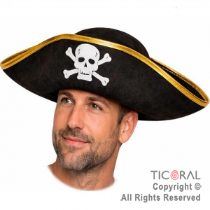 SOMBRERO PIRATA CON BANDERA PIRATA BORDES ORO x 1