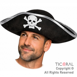 SOMBRERO PIRATA CON BANDERA PIRATA BORDES PLATA x 1