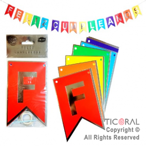 BANDERIN FELIZ CUMPLEA�OS LUJO DX MULTICOLOR BORDE PLATA x 1