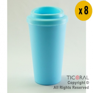 VASO TERMICO DE PLASTICO CAFE TIPO STARBUCKS CELESTE PASTEL 300 CC X 8