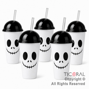 VASO DOMO HALLOWEEN JACK BLANCO CON TAPA NEGRA Y SORBETE 400 ML X 5 UNIDADES