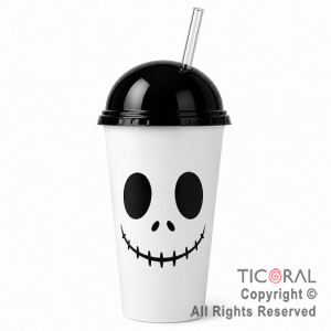 VASO DOMO HALLOWEEN JACK BLANCO CON TAPA NEGRA Y SORBETE 400 ML X 5 UNIDADES