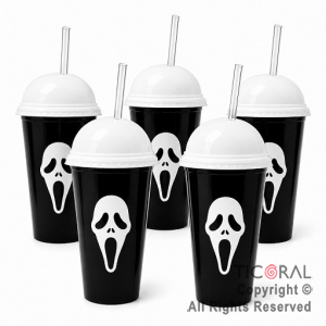 VASO DOMO HALLOWEEN SCREAM NEGRO CON TAPA BLANCA Y SORBETE 400 ML X 5 UNIDADES